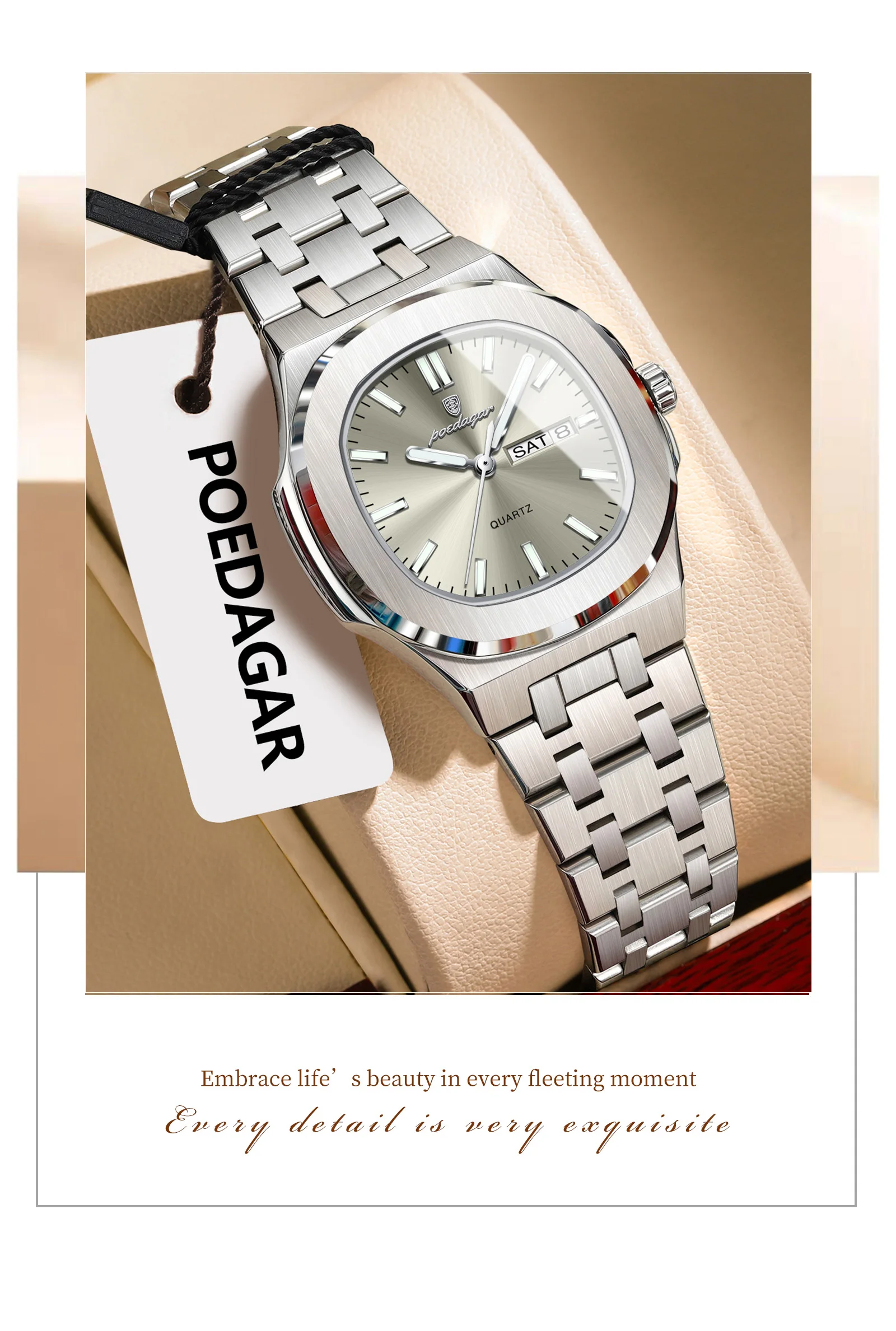 POEDAGAR Square Woman Watch Date Week Waterproof Luminous Ladies Watch Stainless Steel Quartz Fashion Women's Watches Reloj Gift