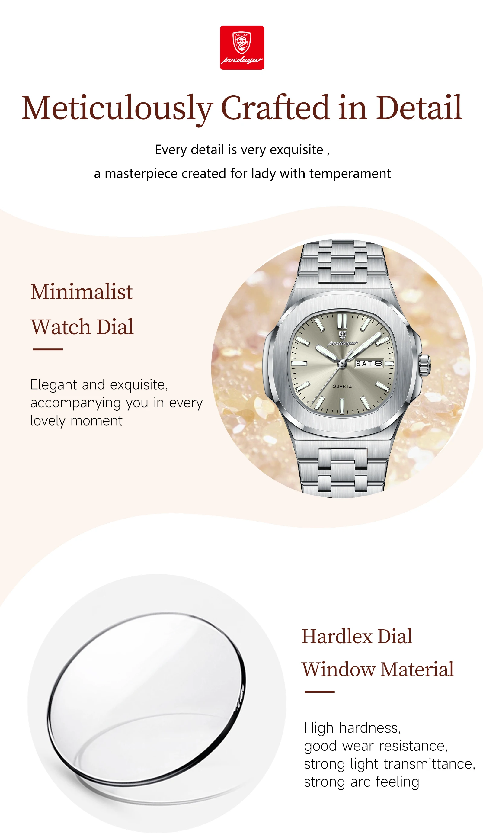 POEDAGAR Square Woman Watch Date Week Waterproof Luminous Ladies Watch Stainless Steel Quartz Fashion Women's Watches Reloj Gift