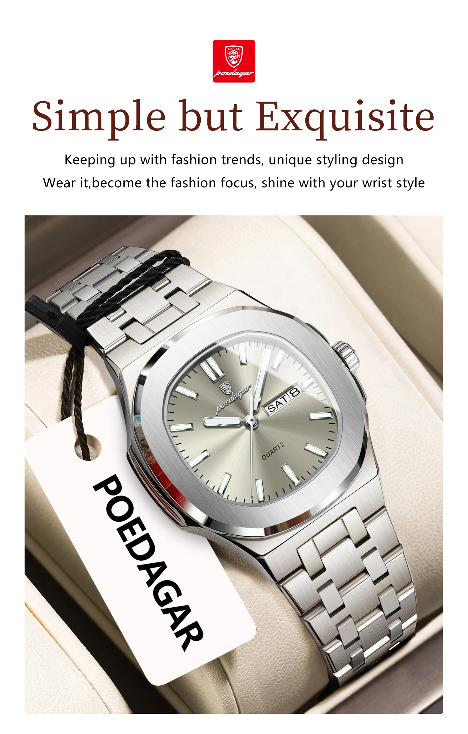POEDAGAR Square Woman Watch Date Week Waterproof Luminous Ladies Watch Stainless Steel Quartz Fashion Women's Watches Reloj Gift