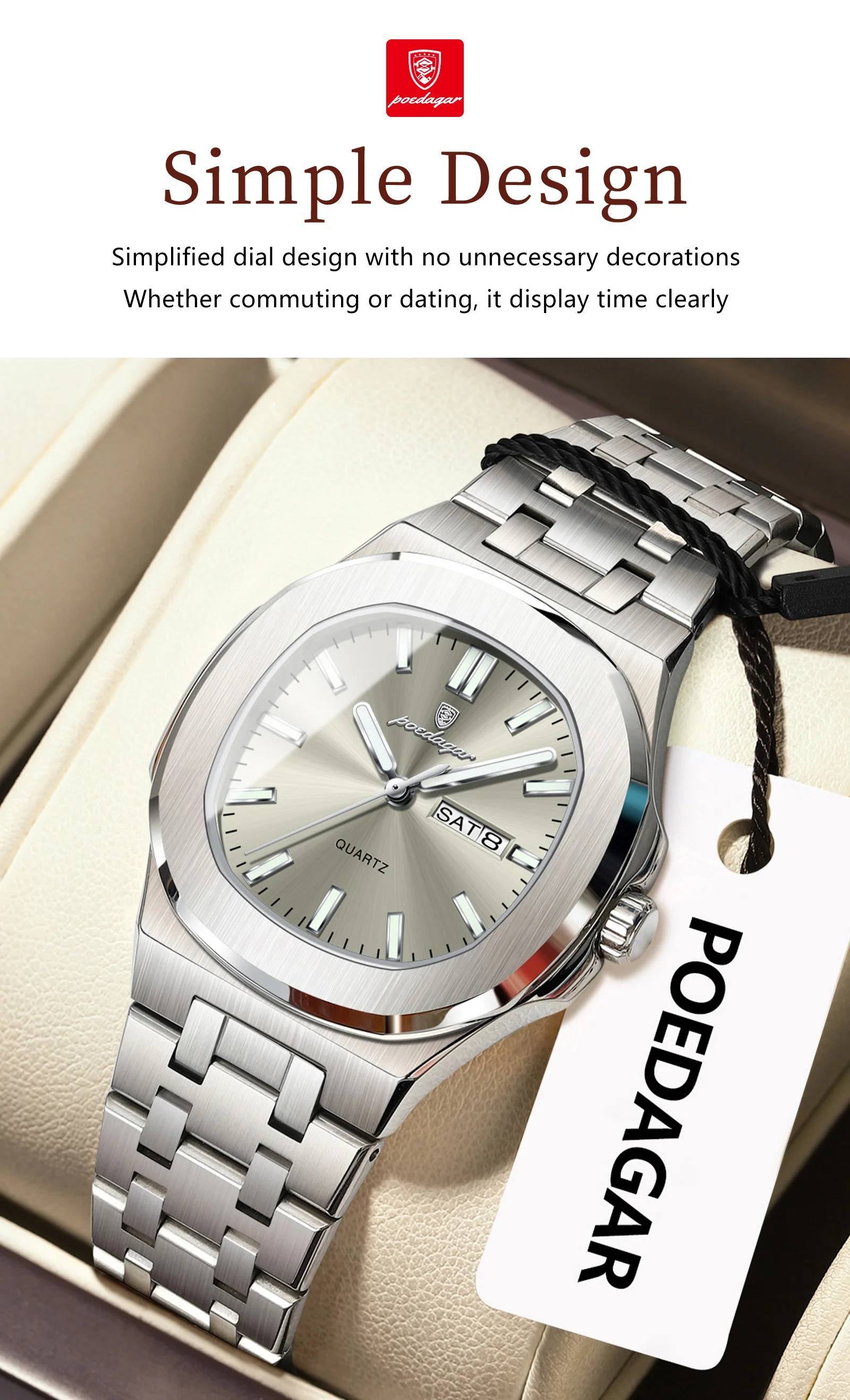 POEDAGAR Square Woman Watch Date Week Waterproof Luminous Ladies Watch Stainless Steel Quartz Fashion Women's Watches Reloj Gift