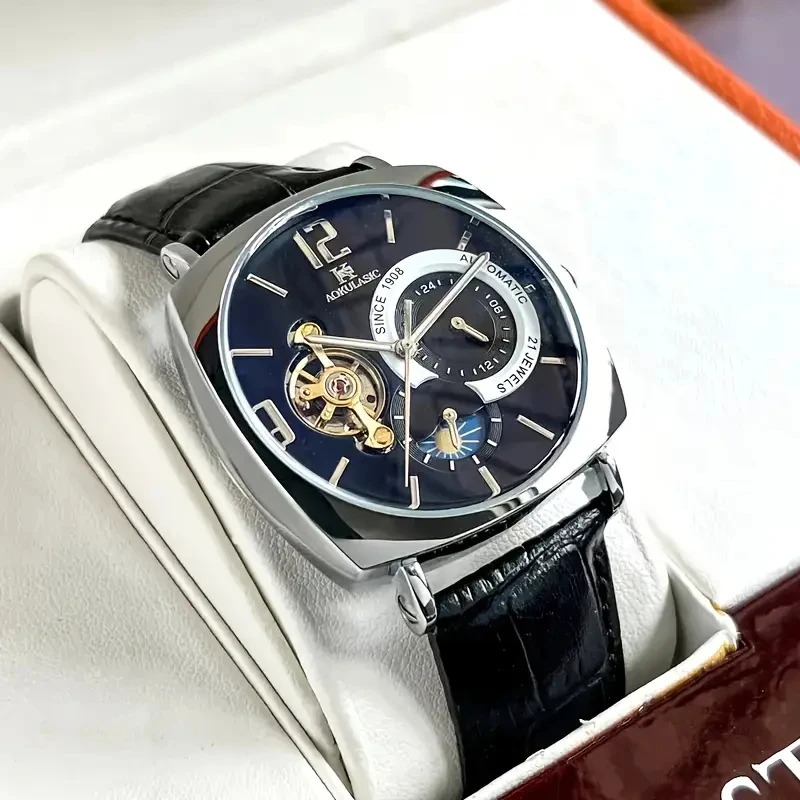 Elegant Men's Vintage Mechanical Watch with High Aesthetic Appeal - Skeleton Dial, Alloy Case, Leather Strap - Suitable for Business and Casual Wear, the Best Gift for Him, No Batteries Required