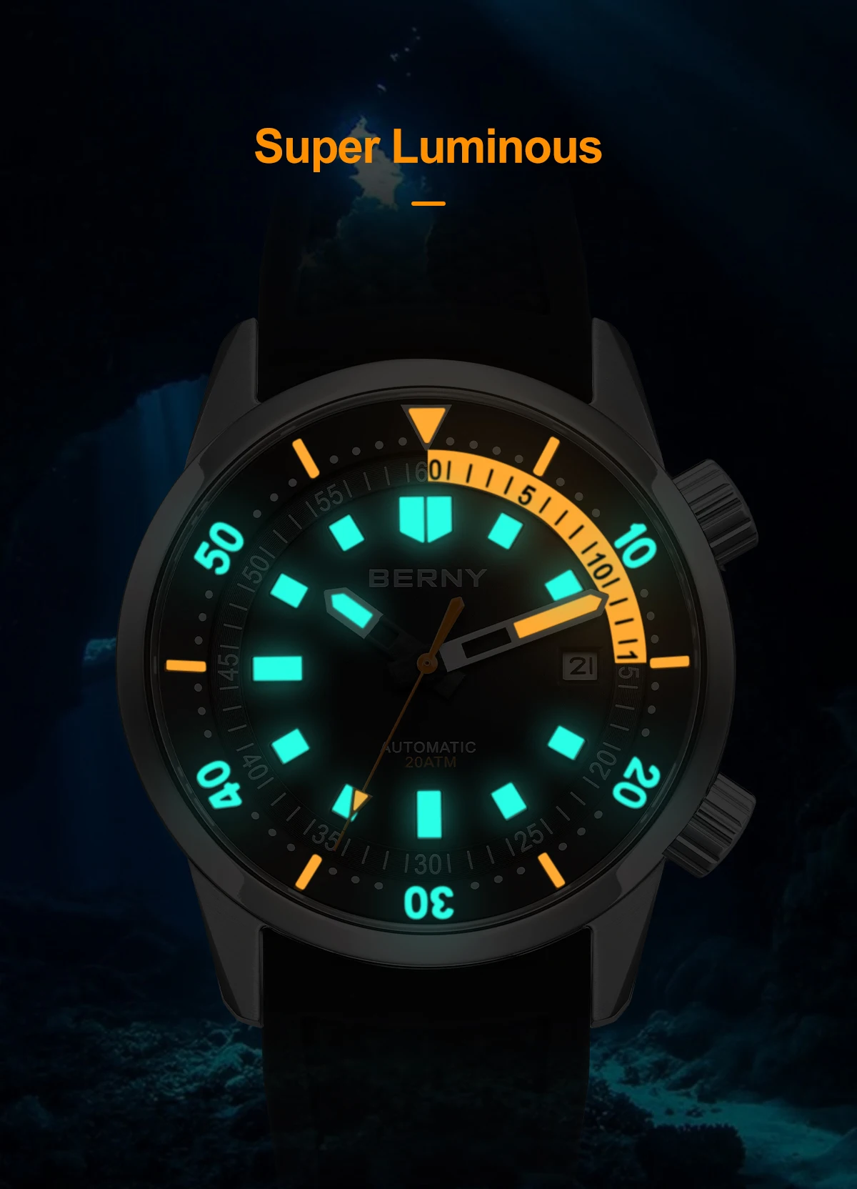 BERNY Men's Dive Watches 200M Waterproof Super Luminous Automatic Mechanical Diver Watch 42mm Sapphire Swim Diving Wristwatch