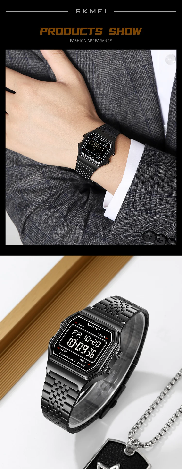 SKMEI 2465 Luxury Men's Digital Watch Waterproof Stainless Steel Electronic Men's Watch LED Display Sport Clock Reloj Hombre