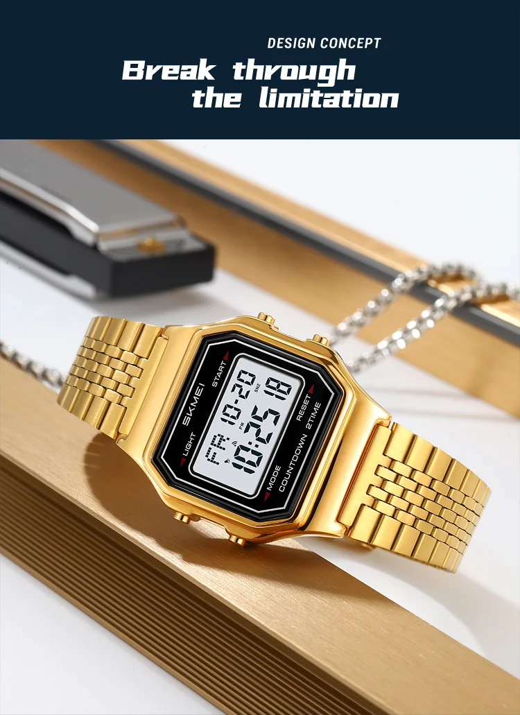 SKMEI 2465 Luxury Men's Digital Watch Waterproof Stainless Steel Electronic Men's Watch LED Display Sport Clock Reloj Hombre