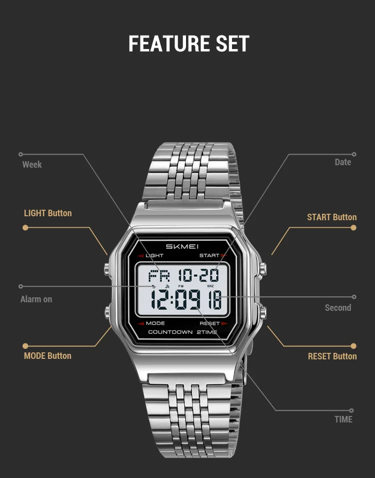 SKMEI 2465 Luxury Men's Digital Watch Waterproof Stainless Steel Electronic Men's Watch LED Display Sport Clock Reloj Hombre