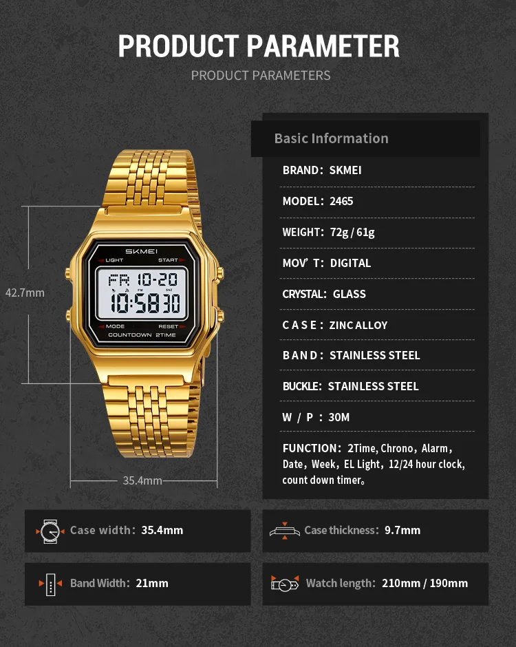 SKMEI 2465 Luxury Men's Digital Watch Waterproof Stainless Steel Electronic Men's Watch LED Display Sport Clock Reloj Hombre