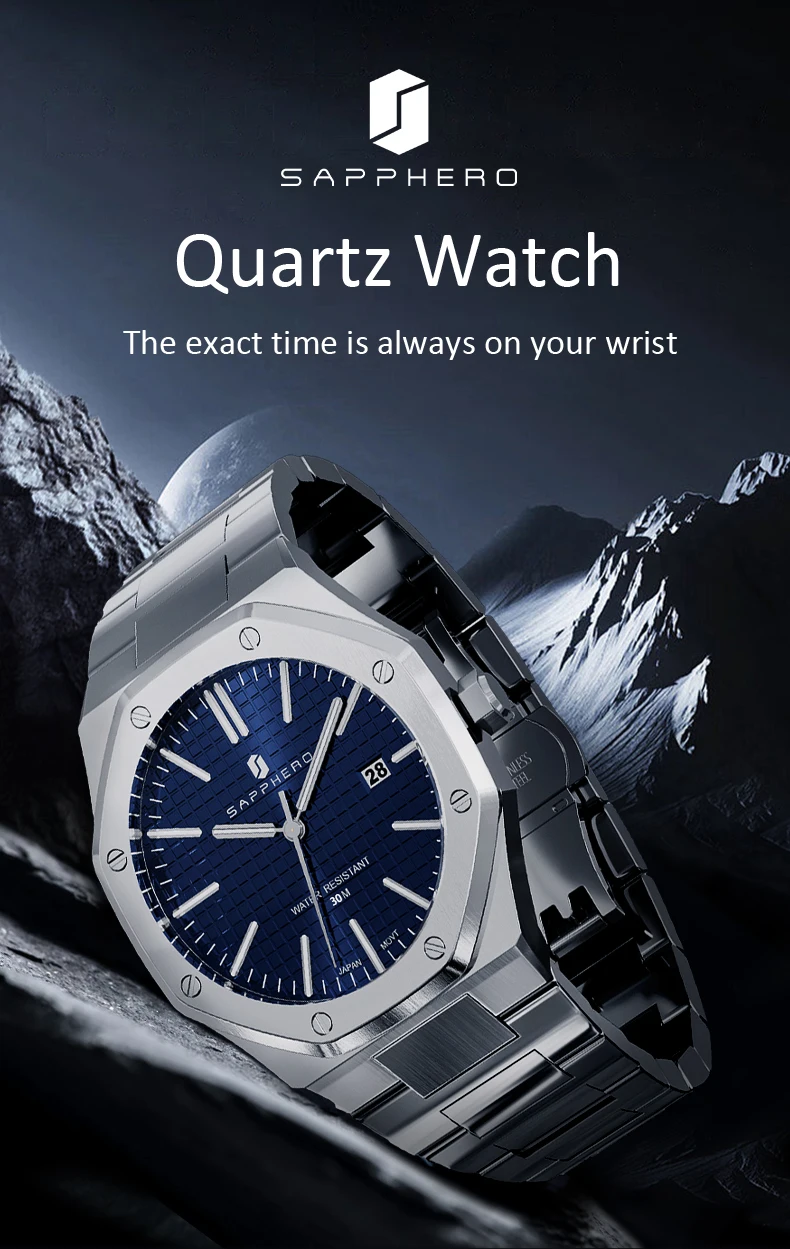 SAPPHERO Men's Watch, Stainless Steel Strap, Water-Resistant Design, Automatic Calendar, Festive Gifts, Exquisite Gift Box Clock