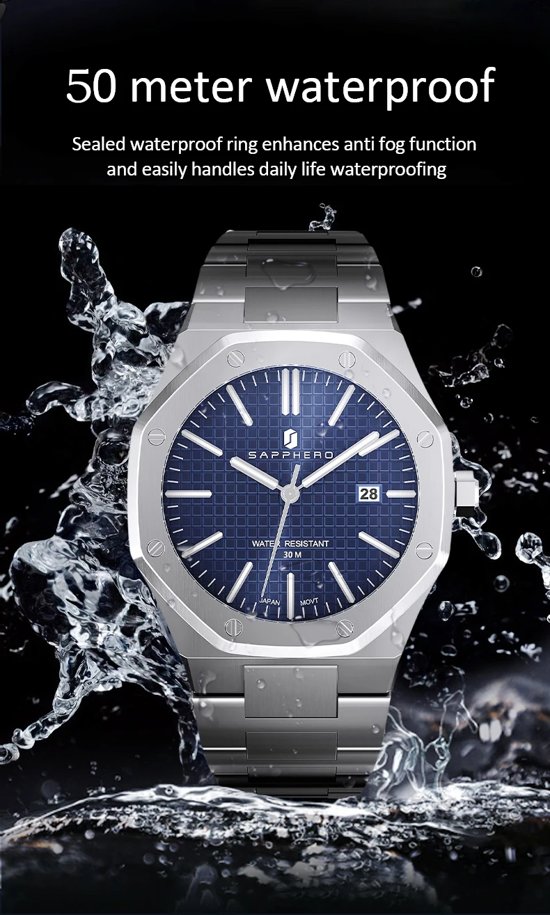 SAPPHERO Men's Watch, Stainless Steel Strap, Water-Resistant Design, Automatic Calendar, Festive Gifts, Exquisite Gift Box Clock