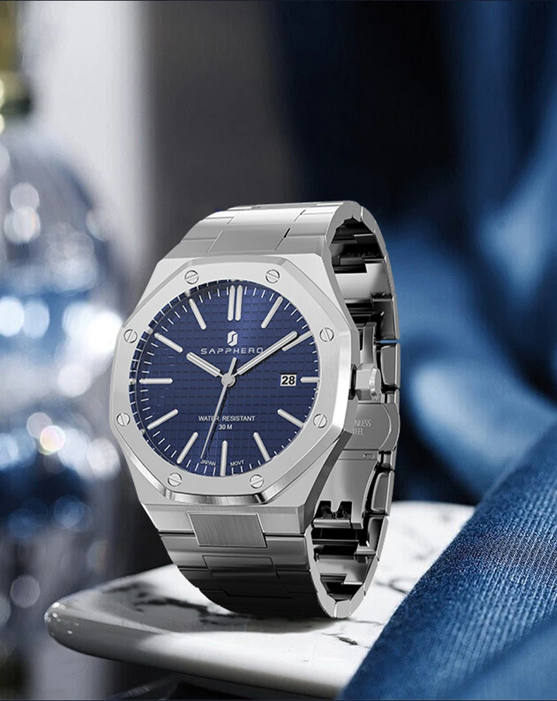 SAPPHERO Men's Watch, Stainless Steel Strap, Water-Resistant Design, Automatic Calendar, Festive Gifts, Exquisite Gift Box Clock