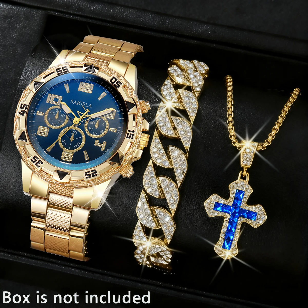 3PCS/Set Luxury Stainless Steel Band Men Business Watches Fashion Male's Quartz Watch Hip-hop Diamond Jewelry Set (Without Box)