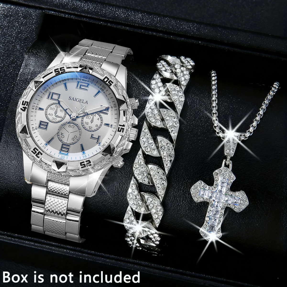 3PCS/Set Luxury Stainless Steel Band Men Business Watches Fashion Male's Quartz Watch Hip-hop Diamond Jewelry Set (Without Box)