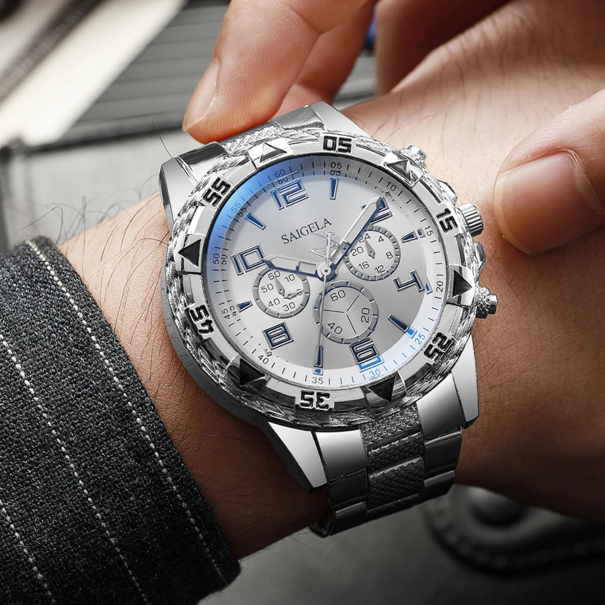 3PCS/Set Luxury Stainless Steel Band Men Business Watches Fashion Male's Quartz Watch Hip-hop Diamond Jewelry Set (Without Box)