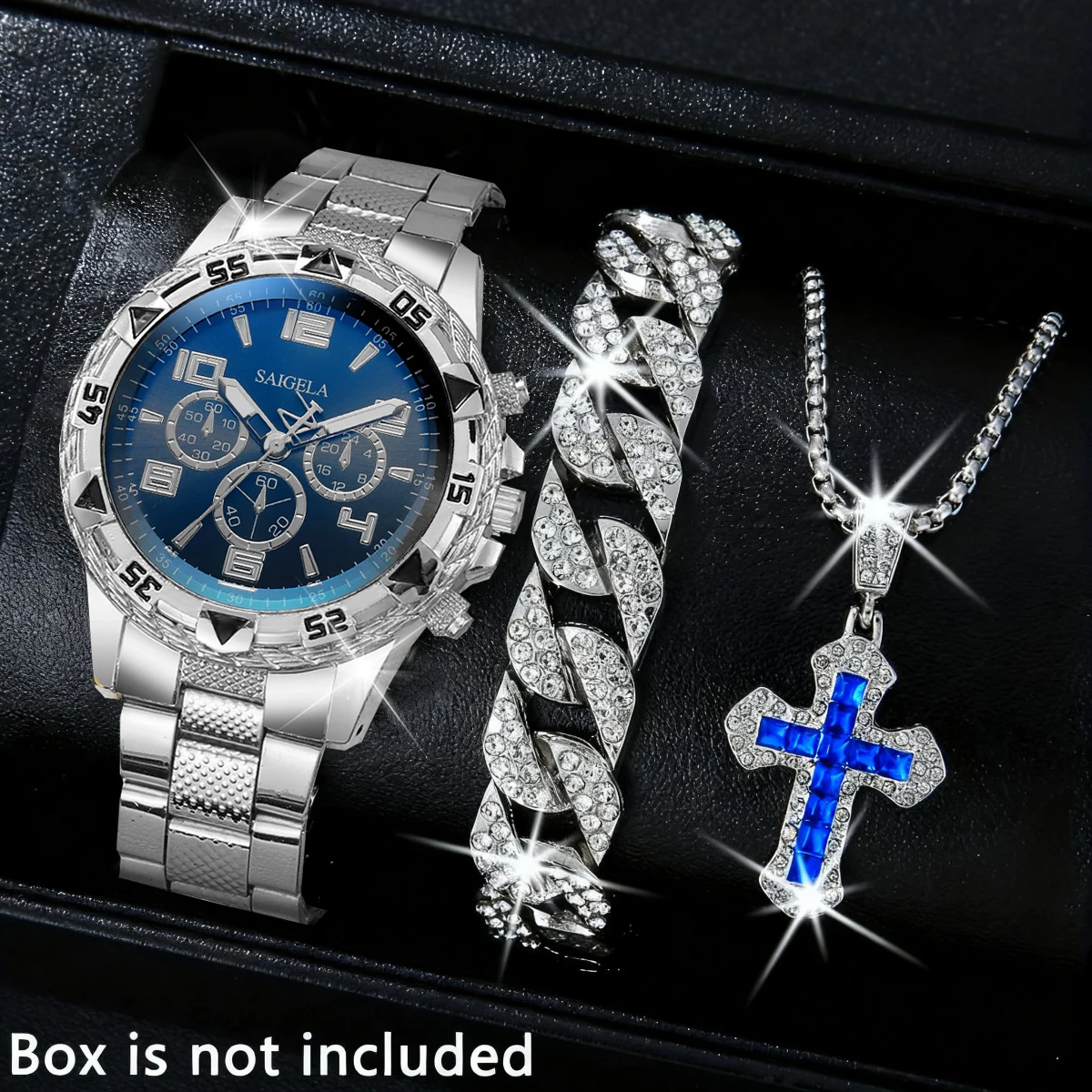 3PCS/Set Luxury Stainless Steel Band Men Business Watches Fashion Male's Quartz Watch Hip-hop Diamond Jewelry Set (Without Box)