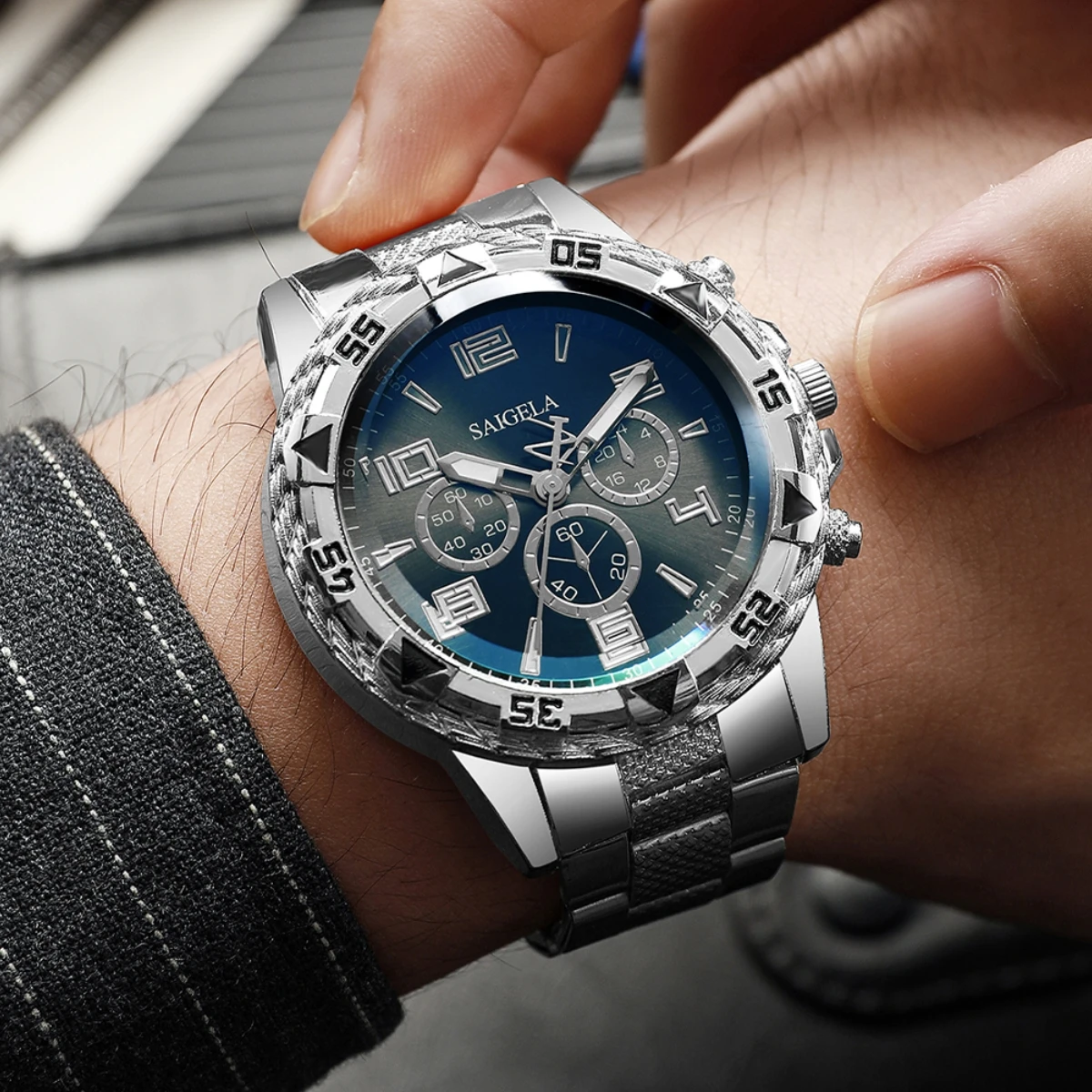 3PCS/Set Luxury Stainless Steel Band Men Business Watches Fashion Male's Quartz Watch Hip-hop Diamond Jewelry Set (Without Box)