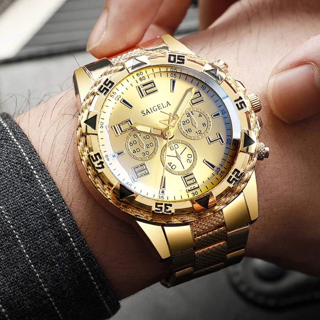 4pcs/set Men's Watches Fashion Arabic Dial Steel Band Quartz Watch Set (Without Box)