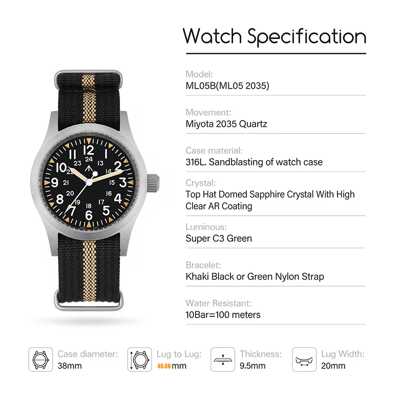 Militado ML05 38mm Military Watch Miyota 2035 Movement Domed Sapphire Crystal C3 Green Luminous 10Bar Waterproof Vintage Watches