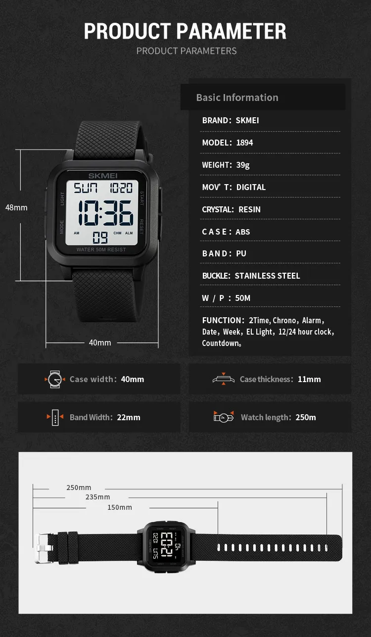 SKMEI1894 Men Alarm Chrono Clock 5Bar Waterproof Military Watches LED Display Shock Digital Watch reloj hombre Outdoor Sport Wat