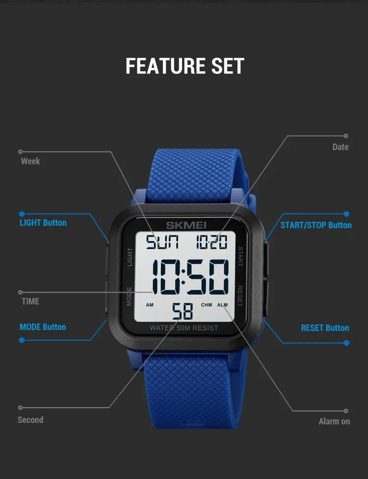 SKMEI1894 Men Alarm Chrono Clock 5Bar Waterproof Military Watches LED Display Shock Digital Watch reloj hombre Outdoor Sport Wat