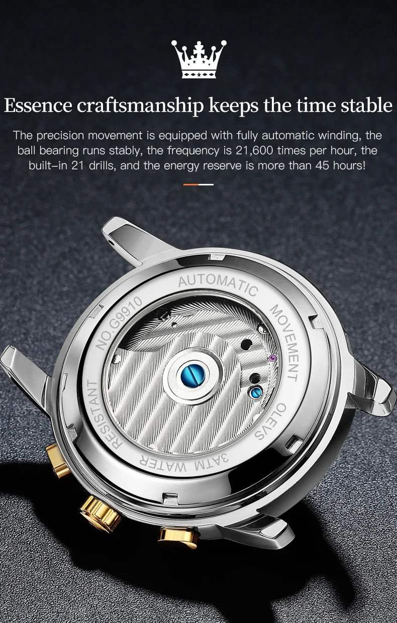 OLEVS 9910 Mens Watch Original Luxury Brand Waterproof Luminous Automatic Mechanical Watch Dual Calendar Watch Box Reloj