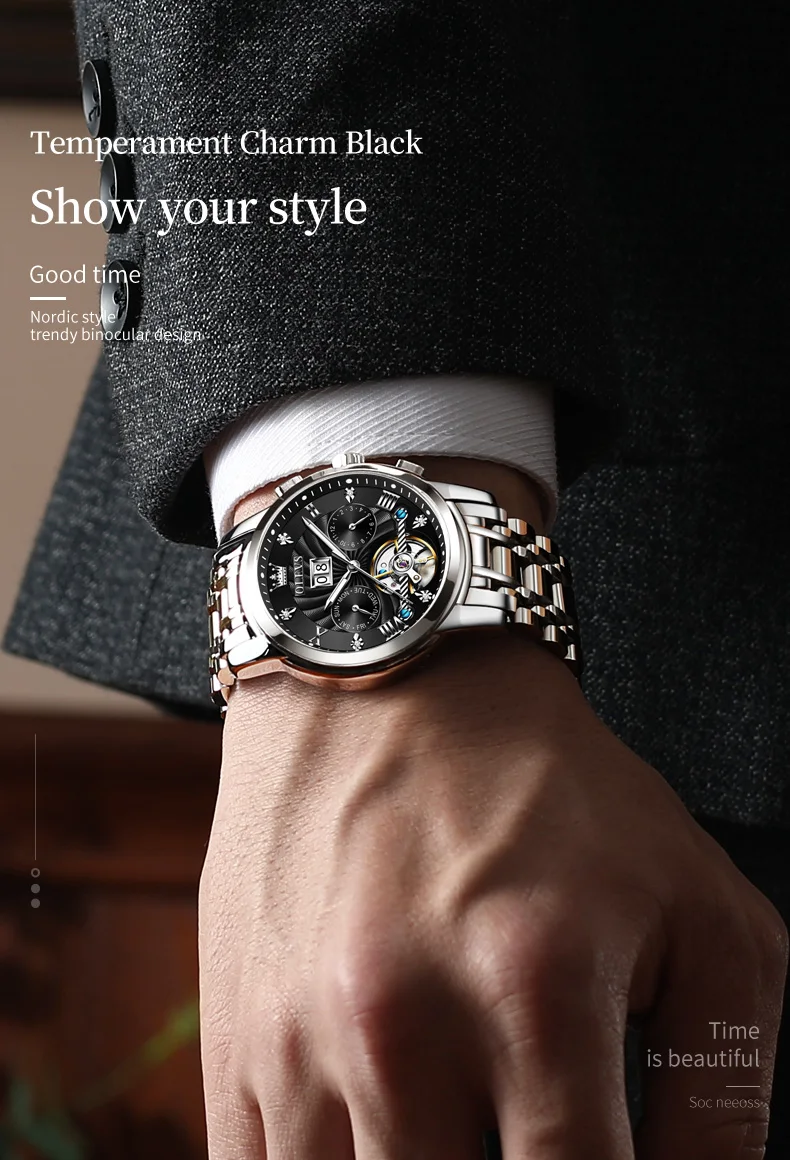OLEVS 9910 Mens Watch Original Luxury Brand Waterproof Luminous Automatic Mechanical Watch Dual Calendar Watch Box Reloj