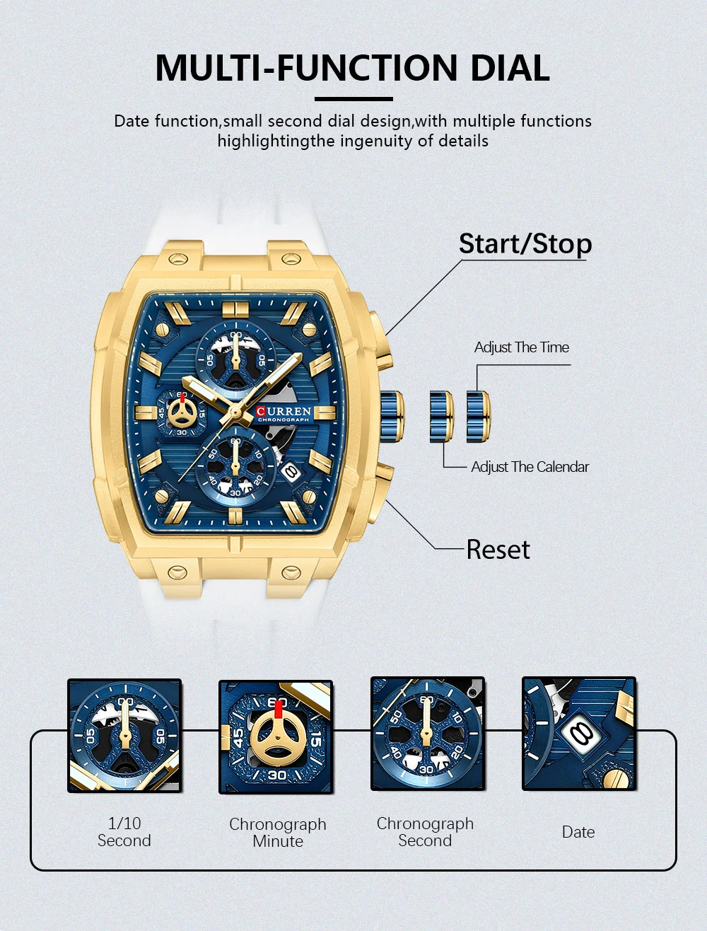CURREN Luxury Vintage Watch for Men Sports Chronograph Quartz Wristwatches with Silicone Strap,Date,Luminous