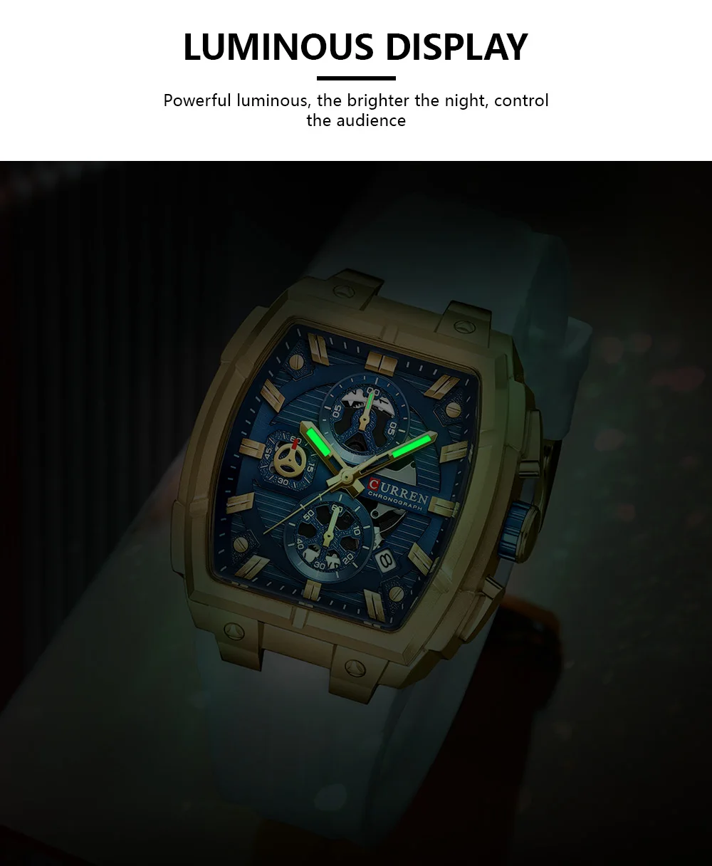CURREN Luxury Vintage Watch for Men Sports Chronograph Quartz Wristwatches with Silicone Strap,Date,Luminous