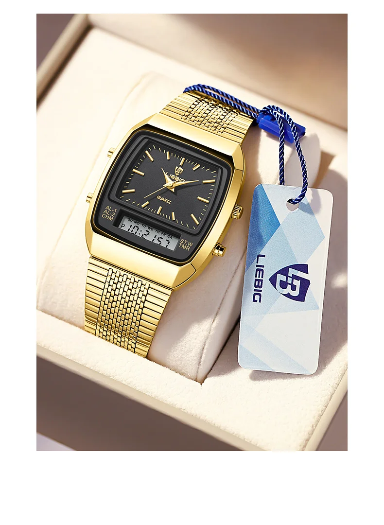 New Fashion Casual Watch Men Digital Dual Time Week Gold Sport 3bar Waterproof Quartz Wristwatches Clock relogio masculino L1030