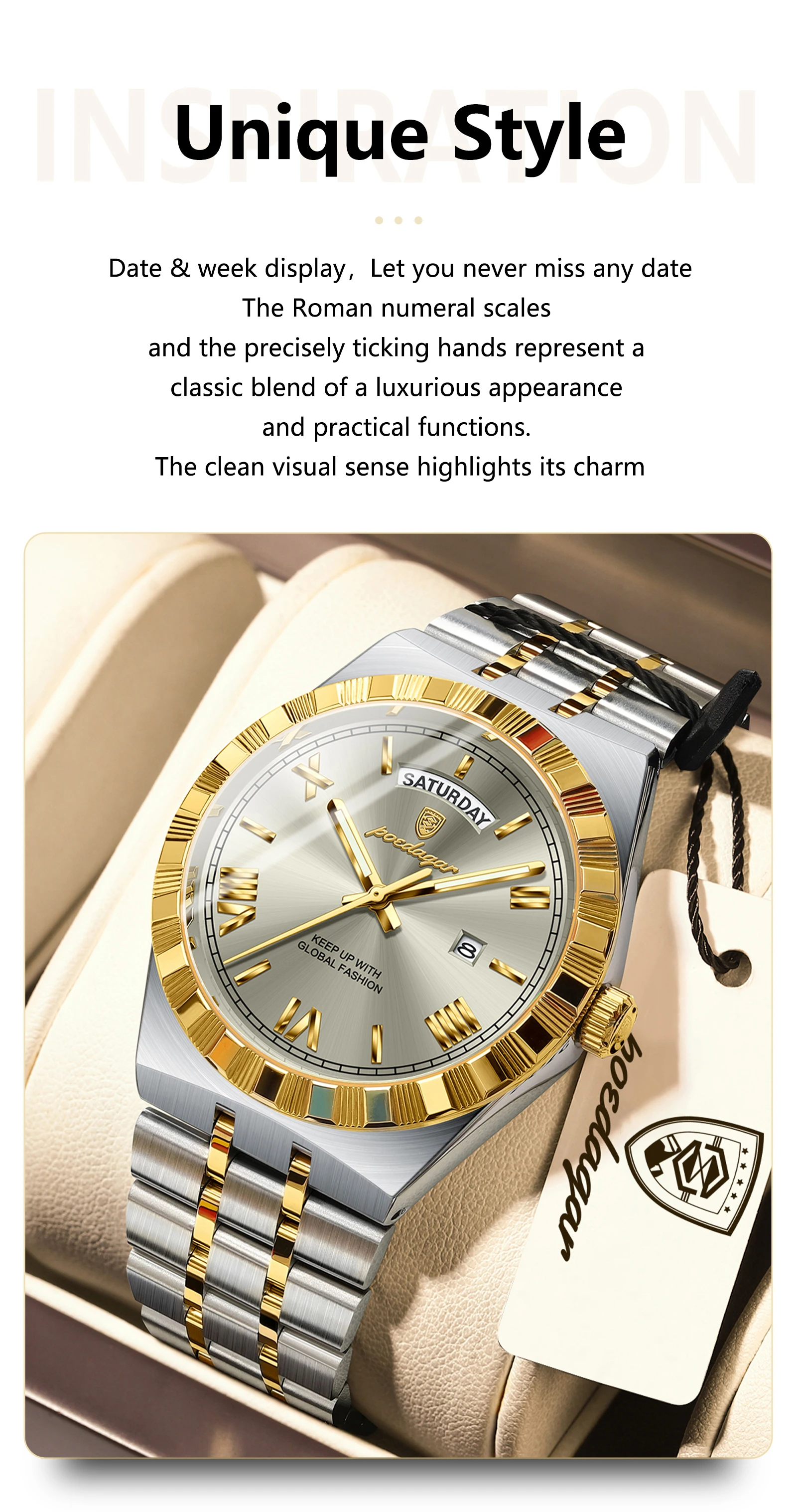 POEDAGAR Fashion Business Men's Watch Luminous Waterproof Week Date Luxury Man Wristwatch Stainless Steel Quartz Watches For Men