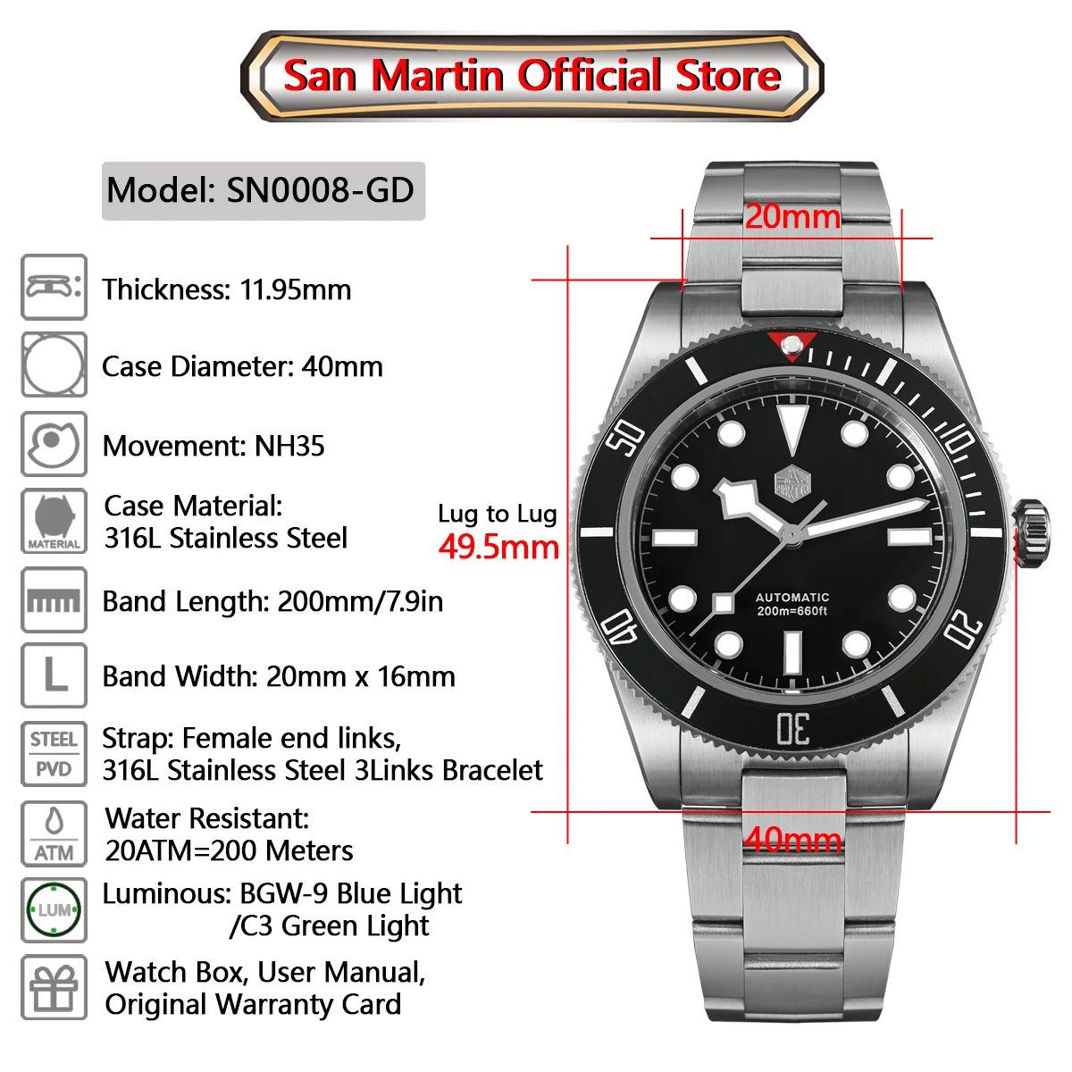 San Martin Upgraded BB58 40mm Retro Luxury Men Diver Watch NH35 Automatic Mechanical Sapphire 200m Waterproof Reloj SN0008D