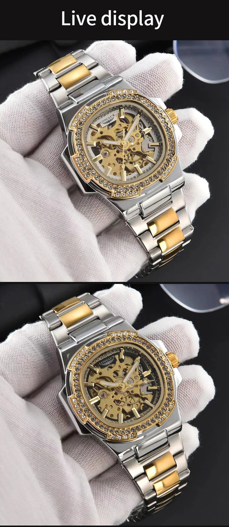 LONGLUX Automatic Man Watch Luxury Stainless Steel Wholesale Mechanical Wristwatches Skeleton Waterproof Diamond Watch Man Watch