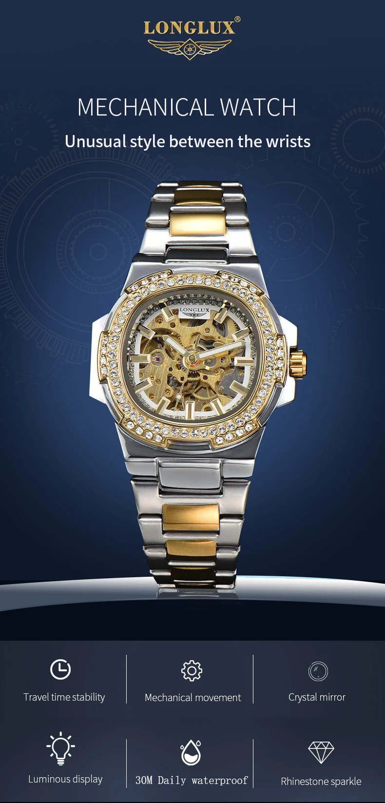 LONGLUX Automatic Man Watch Luxury Stainless Steel Wholesale Mechanical Wristwatches Skeleton Waterproof Diamond Watch Man Watch