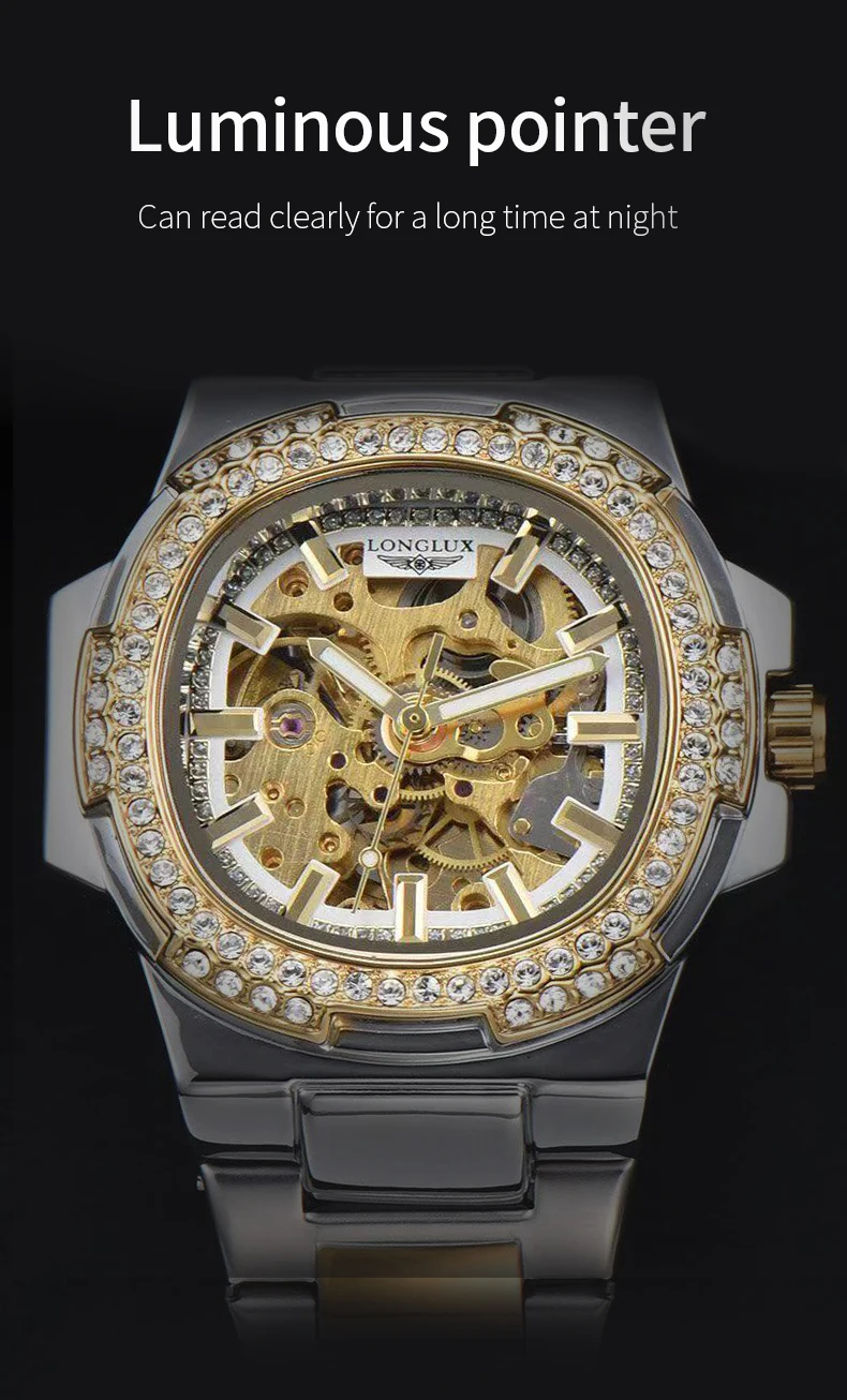 LONGLUX Automatic Man Watch Luxury Stainless Steel Wholesale Mechanical Wristwatches Skeleton Waterproof Diamond Watch Man Watch