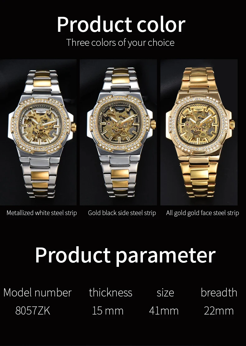 LONGLUX Automatic Man Watch Luxury Stainless Steel Wholesale Mechanical Wristwatches Skeleton Waterproof Diamond Watch Man Watch