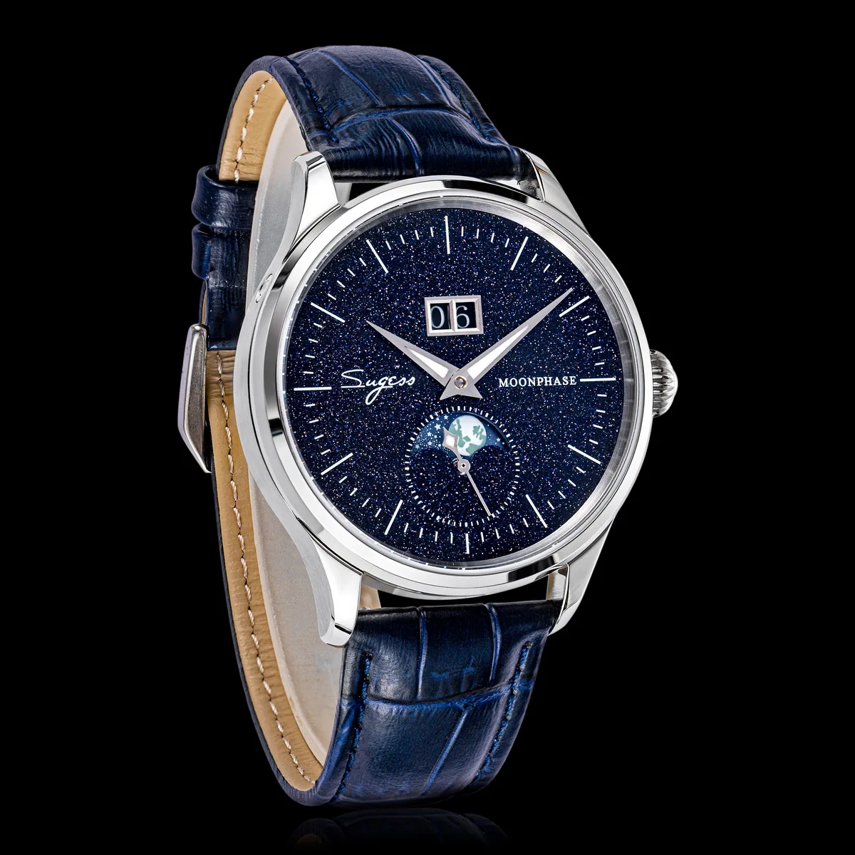Sugess Moonphase Watch of Men 40mm Automatic Mechanical Wristwatches Origin ST2528 Movement Stainless Steel Blue Sandstone Dials