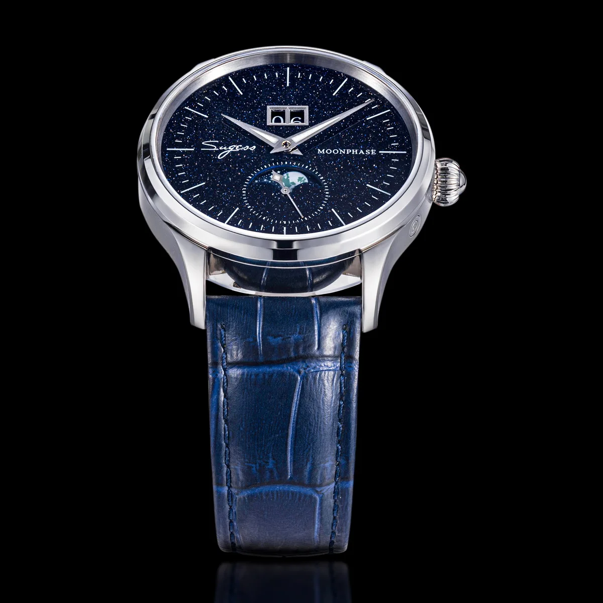 Sugess Moonphase Watch of Men 40mm Automatic Mechanical Wristwatches Origin ST2528 Movement Stainless Steel Blue Sandstone Dials