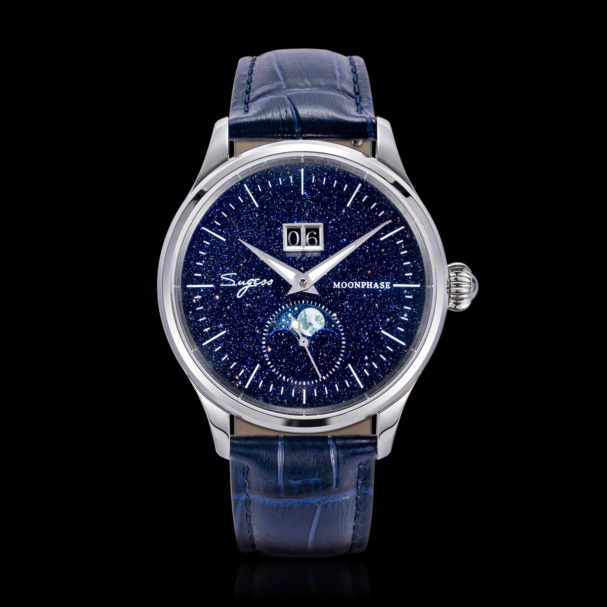 Sugess Moonphase Watch of Men 40mm Automatic Mechanical Wristwatches Origin ST2528 Movement Stainless Steel Blue Sandstone Dials