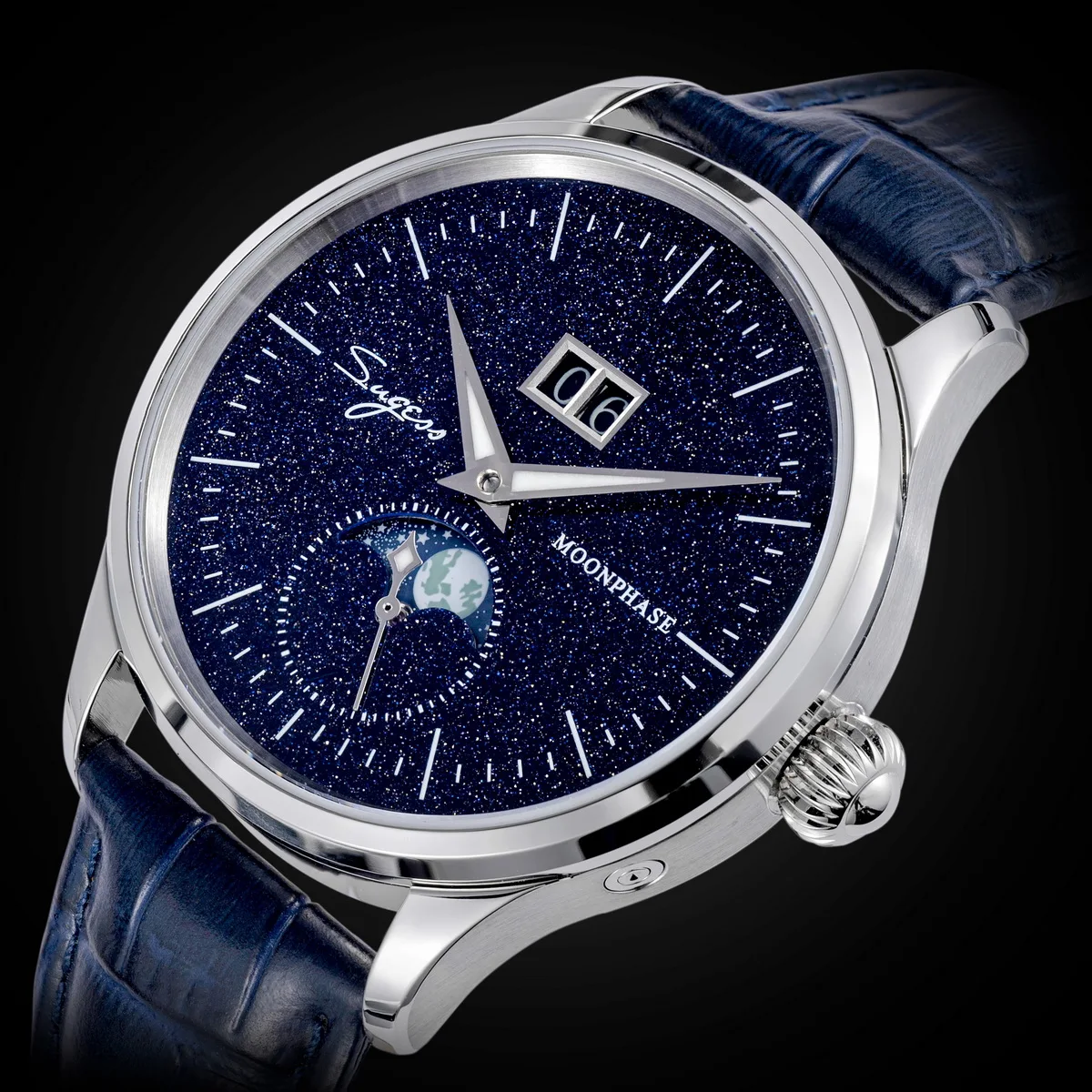 Sugess Moonphase Watch of Men 40mm Automatic Mechanical Wristwatches Origin ST2528 Movement Stainless Steel Blue Sandstone Dials