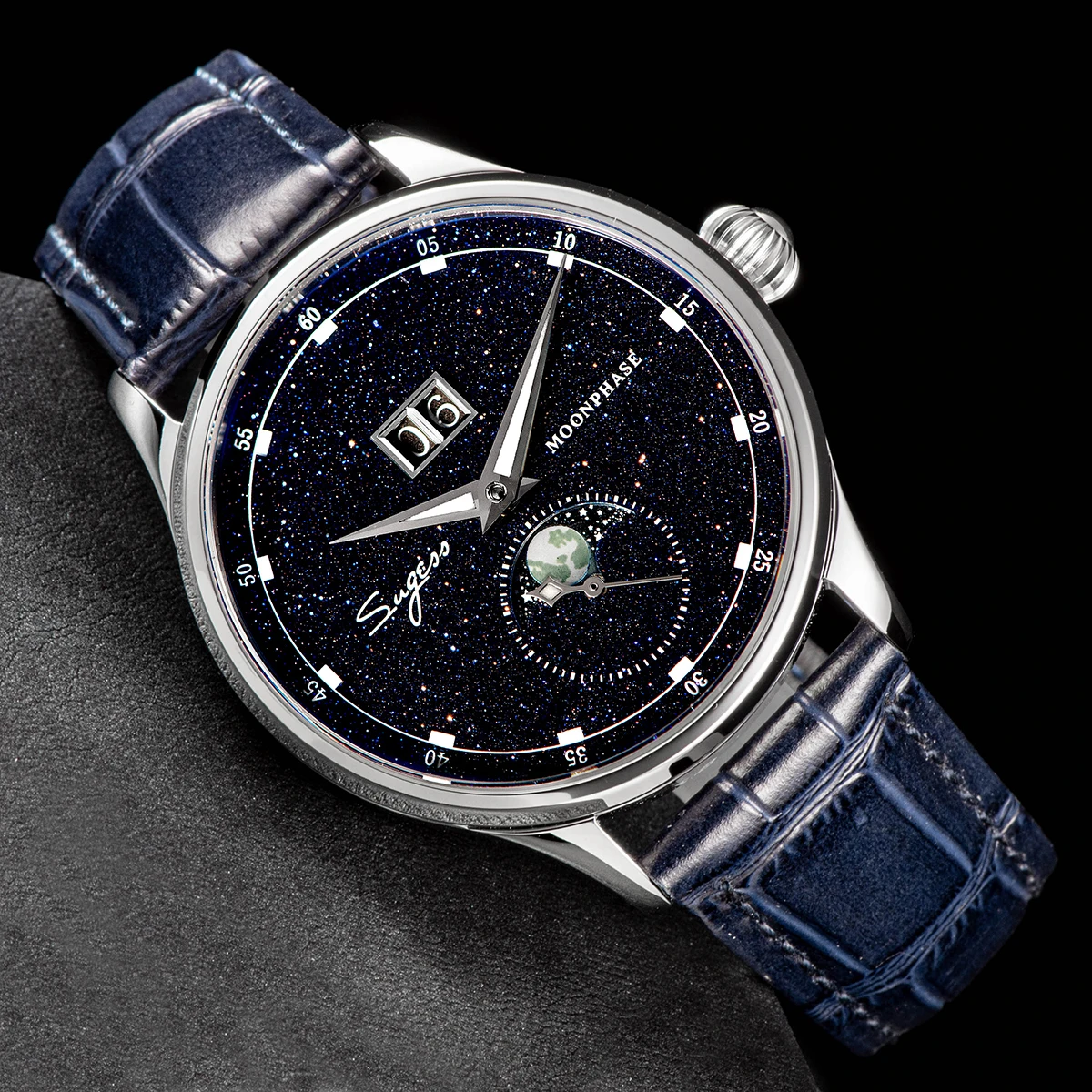 Sugess Moonphase Watch of Men 40mm Automatic Mechanical Wristwatches Origin ST2528 Movement Stainless Steel Blue Sandstone Dials