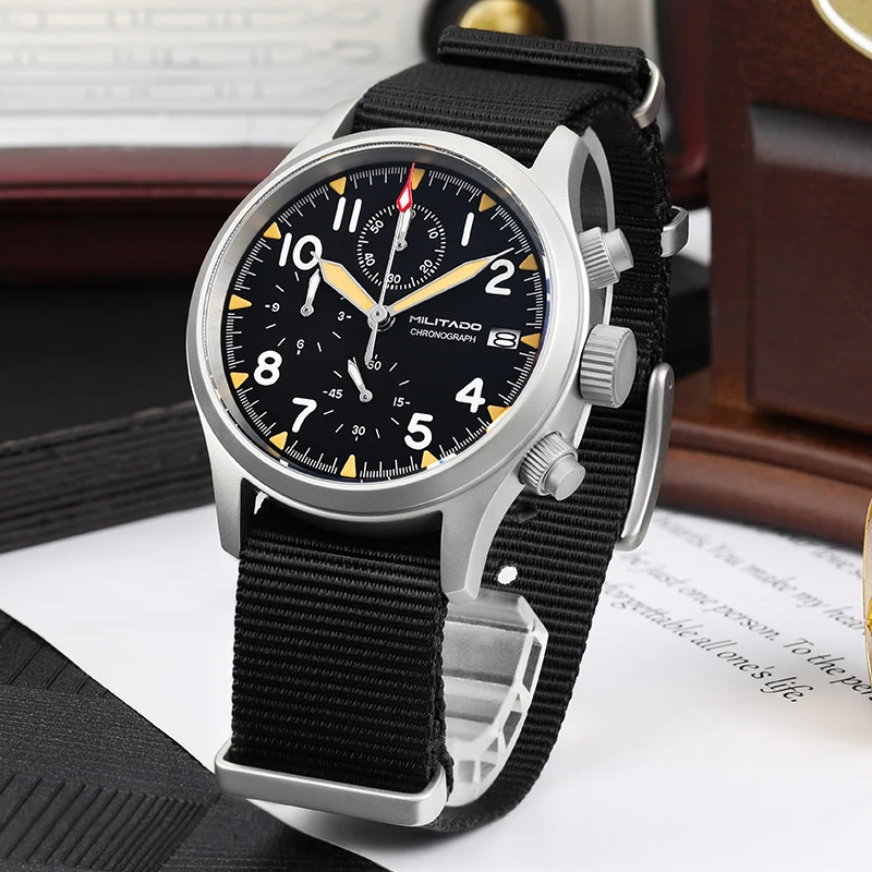 Militado ML1868KF Retro VK67 Quartz Chronograph Watch Stainless Steel Case 3 Dial Waterproof 100M Multifunction Military Watch