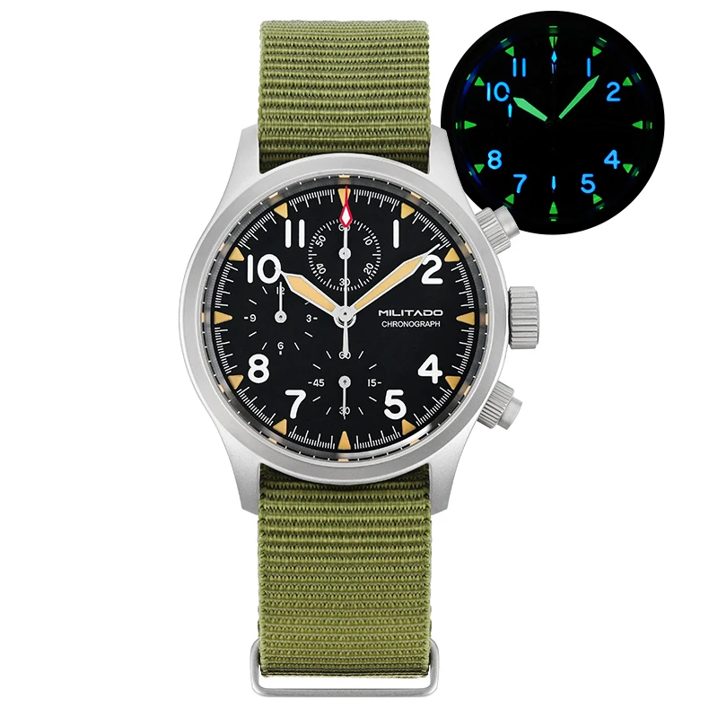 Militado ML1868KF Retro VK67 Quartz Chronograph Watch Stainless Steel Case 3 Dial Waterproof 100M Multifunction Military Watch