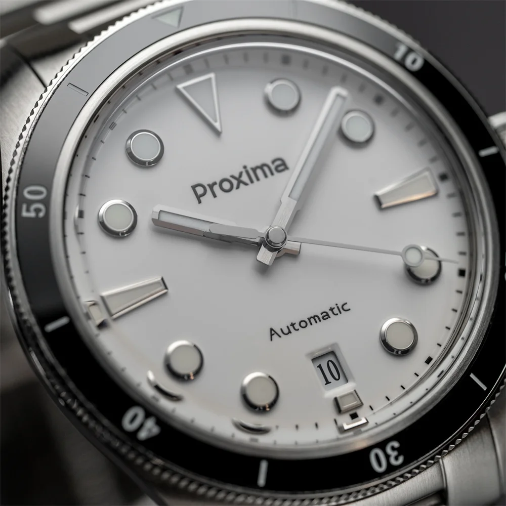 Proxima PX1697 39mm Men Watch White Enamel Dial Bubble Sapphire PT5000 SW200 Automatic Mechanical Vintage Watches 20Bar Luminous