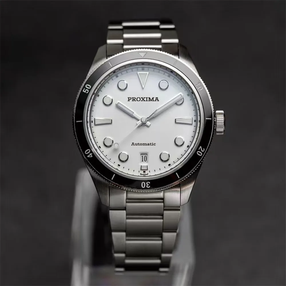 Proxima PX1697 39mm Men Watch White Enamel Dial Bubble Sapphire PT5000 SW200 Automatic Mechanical Vintage Watches 20Bar Luminous