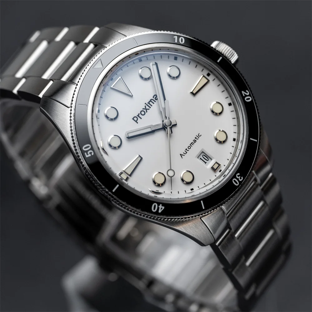 Proxima PX1697 39mm Men Watch White Enamel Dial Bubble Sapphire PT5000 SW200 Automatic Mechanical Vintage Watches 20Bar Luminous