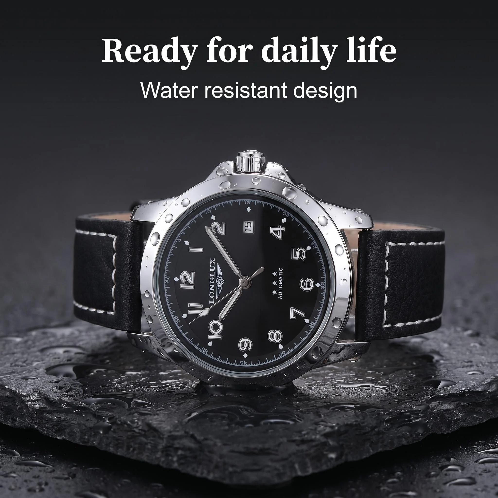 LONGLUX Men Automatic Watch Vintage Pilot Business Classic Military Mechanical Watches Date Waterproof Luminous Leather Gift