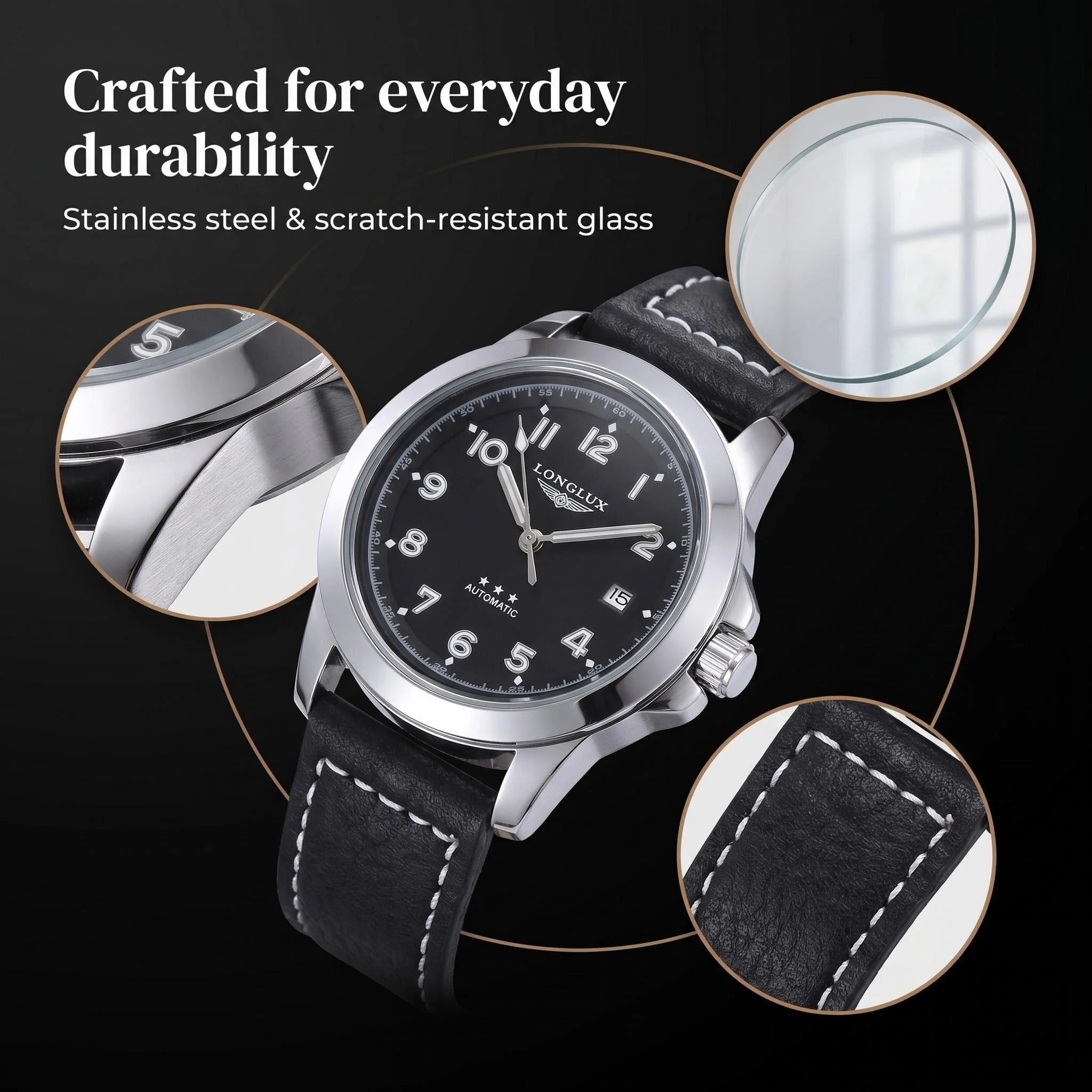 LONGLUX Men Automatic Watch Vintage Pilot Business Classic Military Mechanical Watches Date Waterproof Luminous Leather Gift