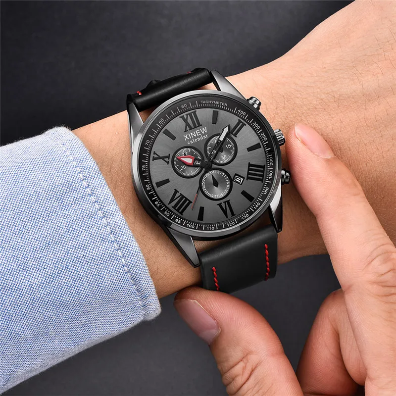 Original XINEW Brand Men Watches Boys Fashion Casual Leather Band Date Quartz Wrist Watch Black Montre Homme Reloj Hombre 2025