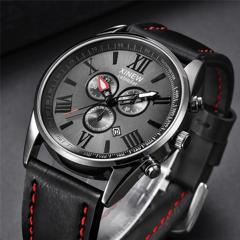 Original XINEW Brand Men Watches Boys Fashion Casual Leather Band Date Quartz Wrist Watch Black Montre Homme Reloj Hombre 2025