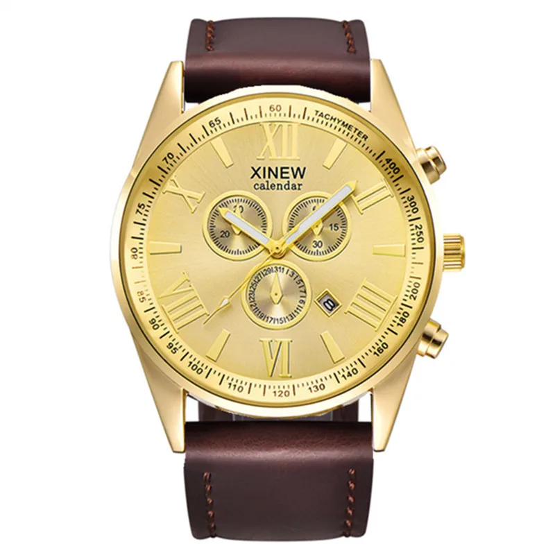 Original XINEW Brand Men Watches Boys Fashion Casual Leather Band Date Quartz Wrist Watch Black Montre Homme Reloj Hombre 2025