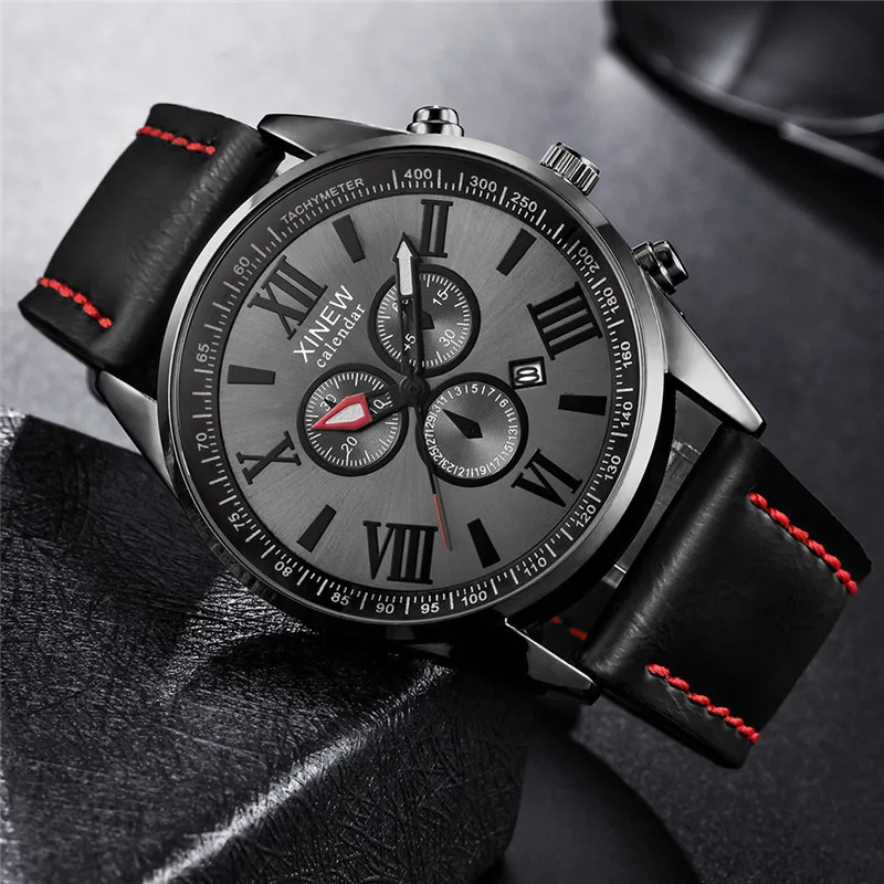 Original XINEW Brand Men Watches Boys Fashion Casual Leather Band Date Quartz Wrist Watch Black Montre Homme Reloj Hombre 2025
