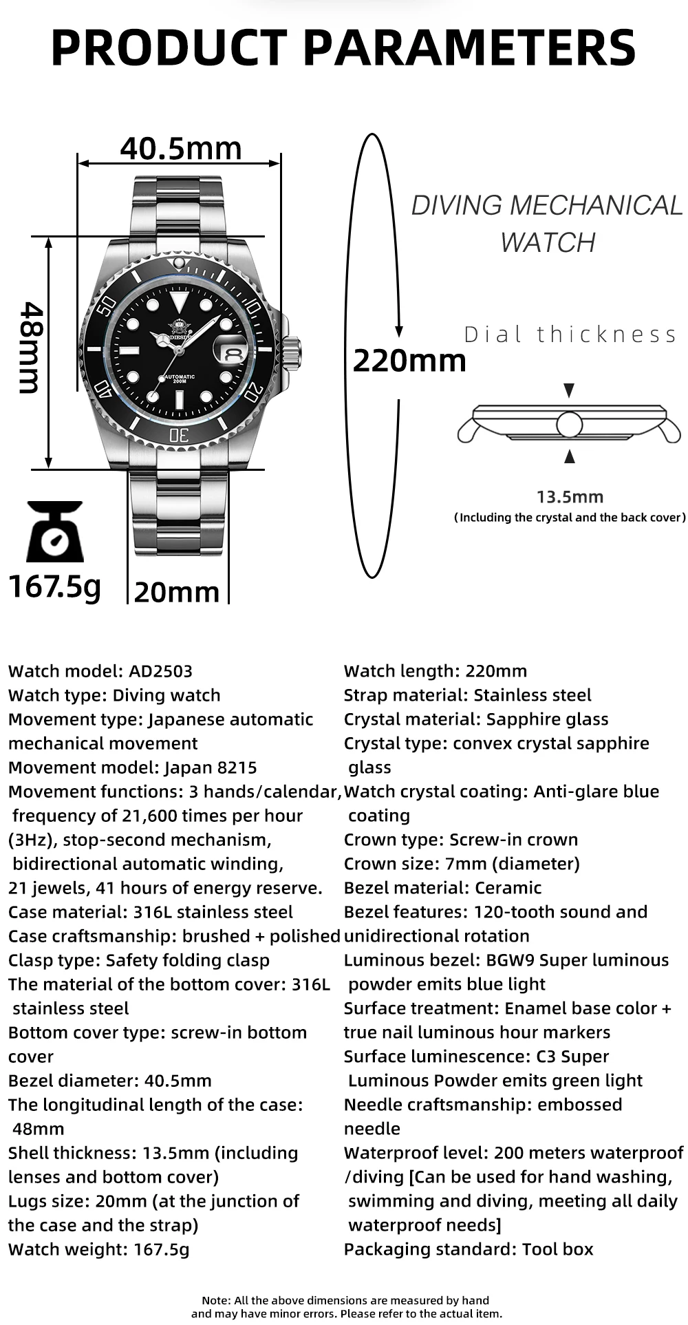 ADDIESDIVE Luxury Men's Automatic Watch 8215 Mechanical Watch BGW9 Luminous Sapphire Glass Diver's Watch Men Analog Watch AD2503